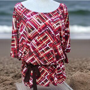 AGB Vibrant Geometic Print Tunic Top w/Butterfly Sleeves & Waist Sash (XL)
